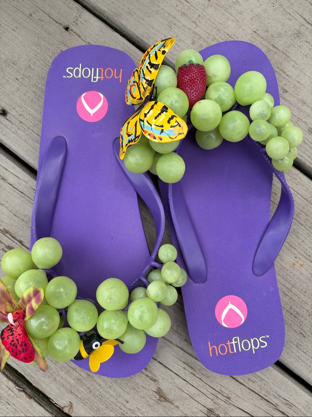NEW hotflops Whimsical Purple Adorned Grapes Butterfly Bee Strawberry Orchid